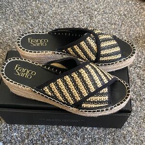 Franco Sarto Black and Tan Striped Espadrille Slides